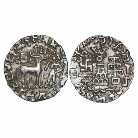 Kunindas, Amoghabhuti, (c. 200 BC), Silver Drachma, 2.17g, Obv: Deer to right srivatsa and