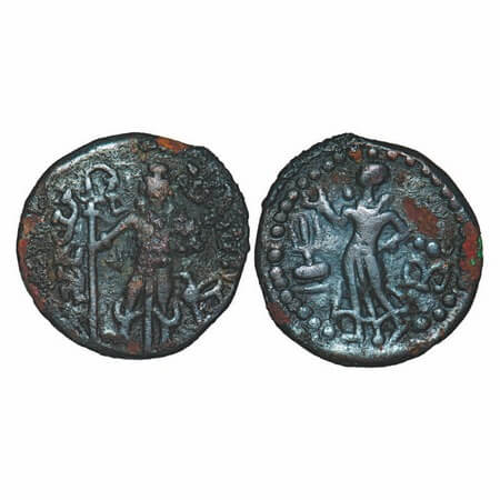 Yaudheya, Karttikeya-Devasena type, Copper Unit, 11.16g, 24.66x25.34mm, Obv: Kartikeya sta