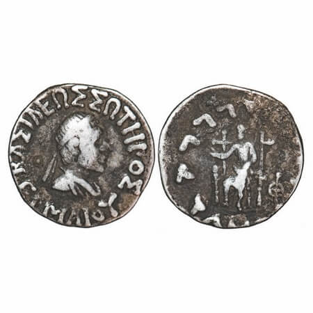 Indo-Greek, Harmaeus, Silver Drachma, 2.43g, 16.81x16.41mm, Obv: Diademed bust of king fac