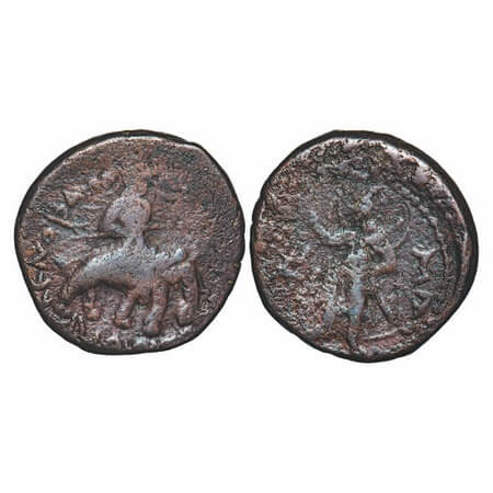 Kushanas, Huvishka (c. 155-190 AD), Copper Drachms, 15.85g, 26.76x26.64mm, Obv: King ridin