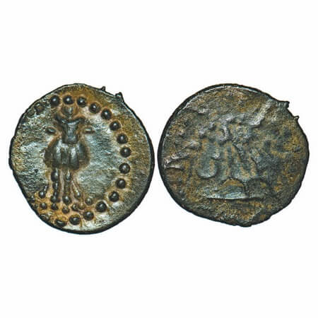 Western Kshatrapas, Karddamaka Dynasty, Damasena, Facing Bull type, (144-160 SE) Copper, 1