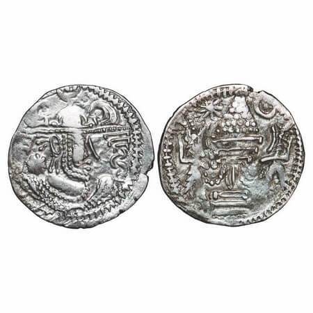 Indo Sassanian series, Silver Dirhem, 4.07g, 24.19x23.81mm, Obv: Crowned bust of king faci