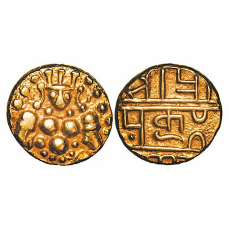 Nayakas of Chitradurga, Gold Durgi Pagoda, 3.32gm, 12.99x12.37mm, Obv: Deity seated facing
