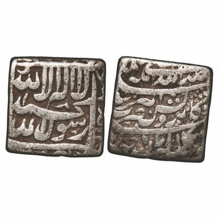 Akbar, Silver Square Rupee, 10.92g, Bangla Mint, Kab-i-Roshan couplet,Kalima type. KM 86.1