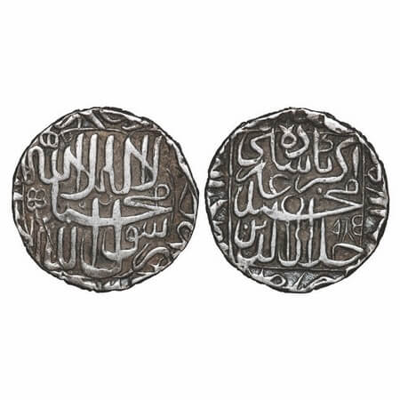Akbar, Silver Rupee, 11.27g, Bhakkar (Bakkar) Mint, AH 985, Obv: kalima shahada & flower m