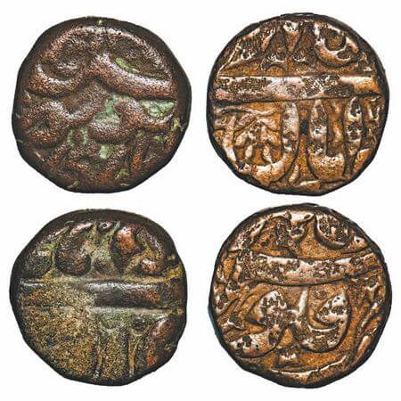 Akbar, Copper ½ Dams (2 Coins), 9.8 & 9.9g, Burhanpur Mint, Ilahi type, Month Aban, RY 50,