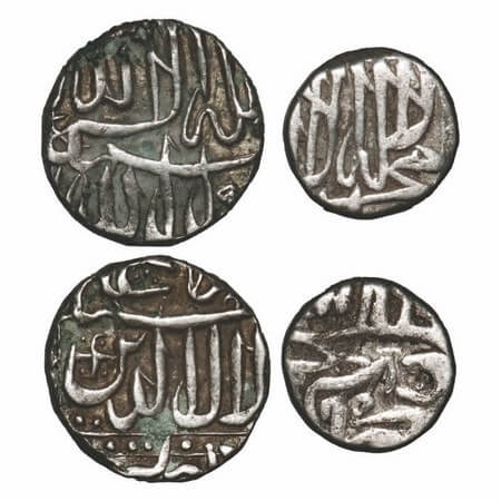 Akbar, Silver Mahmudi and ½ Mahmudi (2 Coins), 5.67 & 2.65g, Mulher Mint, swastik like sym