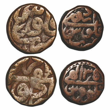 Akbar, Copper Dams (2 Coins), 20.05 & 20.21m, Urdu Zafar Qarin Mint, two different types v