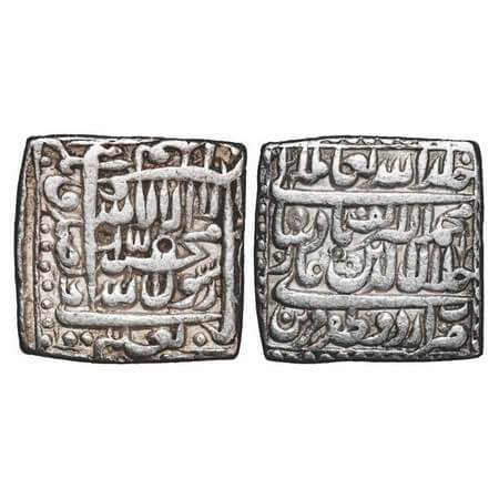 Akbar, Silver Square Rupee, 11.32g, Urdu Zafar Qarin Mint, AH 1000 (Alf), Obv: Arabic lege