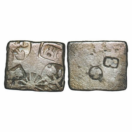 Punch Marked, Mauryan Period, Billon Karshapaana, 2.72g, 12.36x14.97mm, Five symbol type, 
