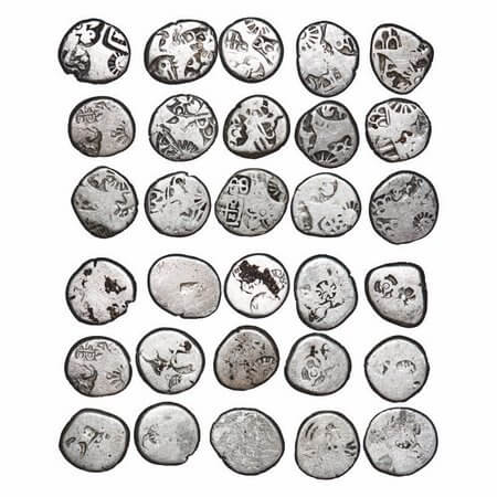 Punch Marked, Mauryan Period (c. 350-250 BC), Silver Karshapana (lot of 15 coins), Five pu