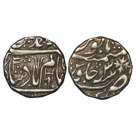 Rohilkhand, Silver Rupee, 11.26g, Kora Mint, INO Shah Alam II, 3 RY. Obv: Pataka, Trident 