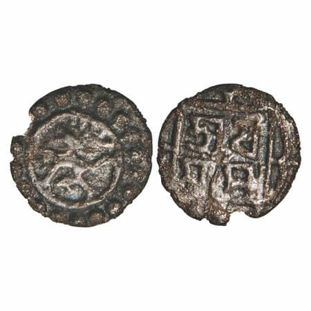 Tripura, Silver 1/16 Tanka, 0.55g, Dharma Manikya (SE 1636-1661 / 1714-1739 AD), Obv: Lion