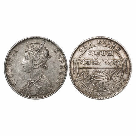 Bikanir, Silver Rupee, 11.65g, Ganga Singh, 1892 AD, Bombay Mint, Portrait of Victoria Emp