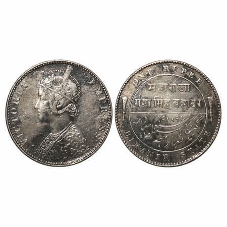 Bikanir, Silver Rupee, 11.54g, Ganga Singh, 1892 AD, Bombay Mint, Portrait of Victoria Emp