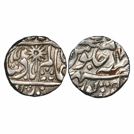 Chhatarpur, Silver Rupee, 11.14g, Hammered dump coinage, 17 RY, leaf, Flower & Chakra on o