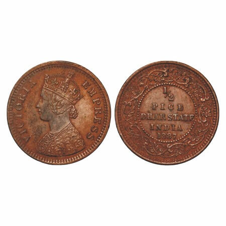 Dhar, Copper ½ Pice, 3.18g, Anand Rao III, AD 1887, bust of Victoria Empress on obv. KM 12