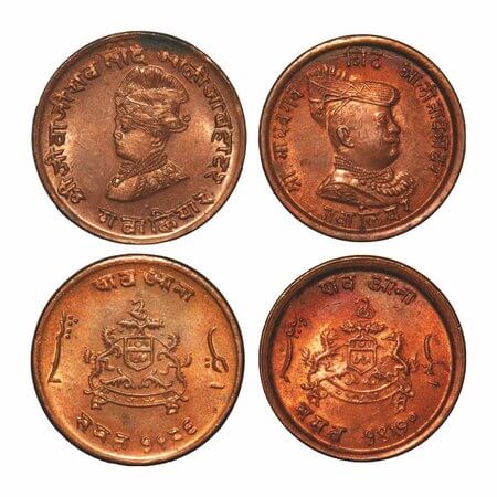 Gwalior, Copper ¼ Anna, (2 Coins), 5.07 & 7.07g, Madho Rao (1886-1925 AD), Obv: Portrait o