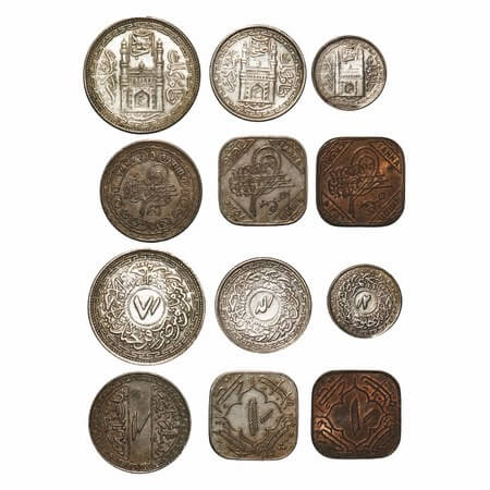 Hyderabad, (6 coins) Mix Metals, 8 Annas AH 1363/34 RY, 4 Annas AH 1362/33 RY, 2 Annas 136
