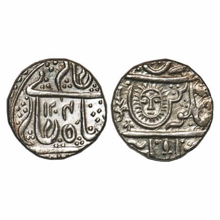 Indore, Silver Rupee, 11.28g, Ahalya Bai, Malharnagar Mint, INO Shah Alam II, AH 1204, sun