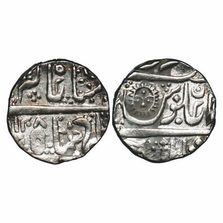 Indore, Silver Rupee, 11.19g, Ahalya Bai, Malharnagar Mint, INO Shah Alam II, AH 1208, sun