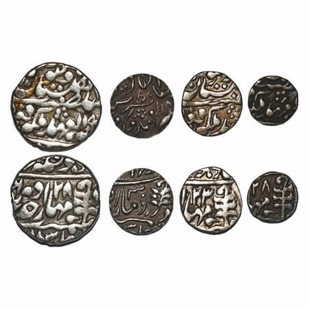 Jaipur, Silver (4 Coins), 1/4 Rupee 30 RY, early coinage, Rupee 28 RY, 1/4 Rupee 23 RY, 1/