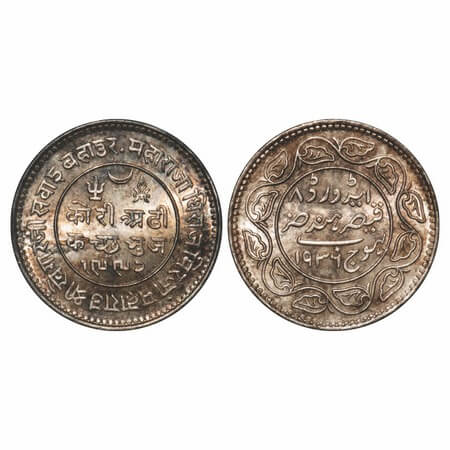 Kutch, Silver, 2 ½ Kori, 6.94g, Khengarji III, VS 1992/1936 AD, INO Edward VIII. Edge: KUT