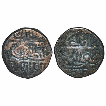 Nawanagar, Copper Dhinglo/1½ Dokda, 9.38g, Jam Vibhaji, Brockage/Lakhi, AH (9)78. Obv: Sri