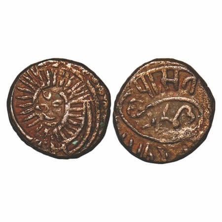 Partabgarh, Copper Paisa, 8.00g, Udaya Singh, Obv: sunface, Rev: Sri Riyasat kan thal sama