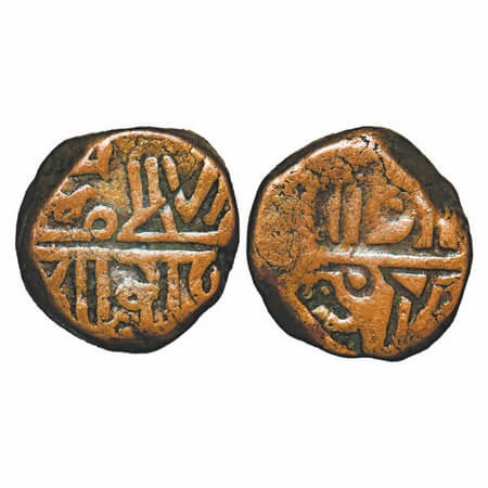 Porbandar, Copper Dokdo, 7.87g, Brockage/ Lakhi, INO Muzaffar Shah, Sri Rana in nagari bel