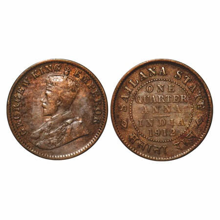 Sailana, Copper ¼ Anna, 4.68g, Jaswant Singh (1890-1919 AD), 1912 AD, bust of George V on 