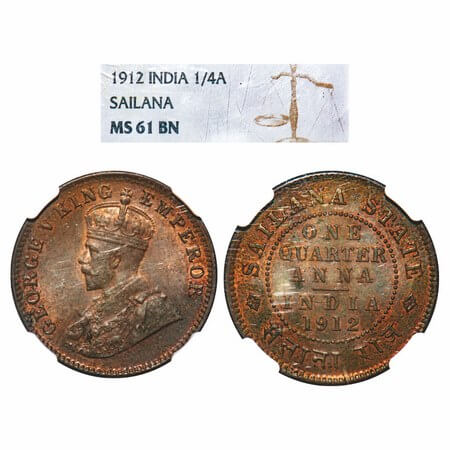 Sailana, Copper ¼ Anna, Jaswant Singh (1890-1919 AD), 1912 AD, bust of George V on obv. KM