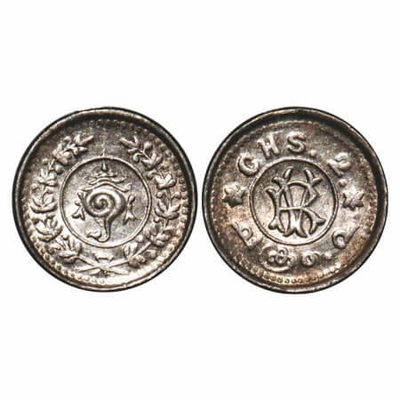 Travancore, Silver, 2 Chuckram, 0.76g, Rama Varma VI (ME 1062-1101/ 1885-1924 AD), Obv: Co