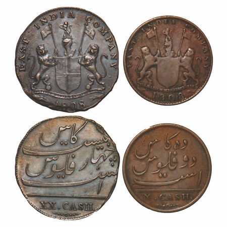 Madras Presidency, Copper XX/20 & X/10 Cash (Ten) (2 Coins), 9.00 & 4.45g (Light Issue), s