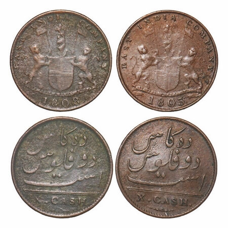 Madras Presidency, Copper (2 Coins), X/10 cash 1803 & 1808, Struck at Soho Mint, Paul Stev