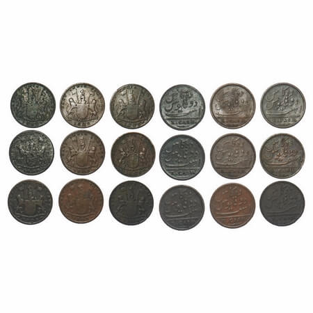 Madras Presidency, Copper X/10 Cash (9 Coins), Struck at Soho Mint, light issue (normal he