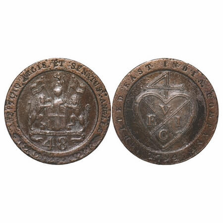 Madras Presidency, Copper Dub/ 1/48 of Rupee, 13.74g, (1794 -1797 AD Issue). 1794 AD. Obv: