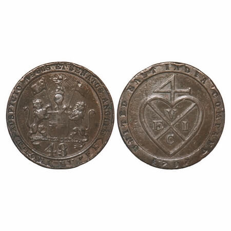 Madras Presidency, Copper Dub/ 1/48 of Rupee, 14.45g, (1794 -1797 AD Issue). 1797 AD. Obv: