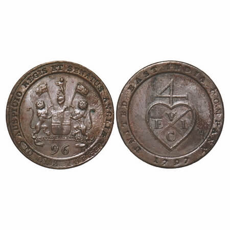 Madras Presidency, Copper ½ Dub / 1/96 of Rupee, 7.06g, (1794 -1797 AD Issue). 1797 AD. Ob