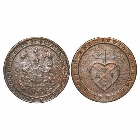 Madras Presidency, Copper ½ Dub / 1/96 of Rupee, 6.62g, (1794 -1797 AD Issue). 1797 AD. Ob