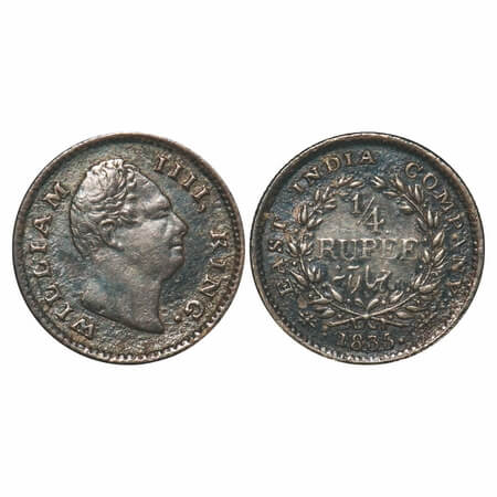 William IV, Silver, 1/4 Rupee, 1835, Calcutta Mint, A/III, Dug out f, Wreath with 18 Berri