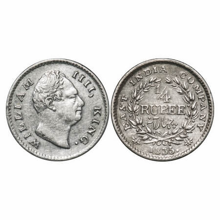 William IV, Silver, 1/4 Rupee, 1835, Calcutta Mint, A/III, Dug out f, Wreath with 18 Berri