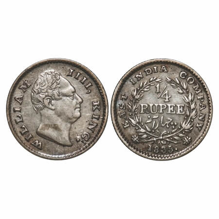 William IV, Silver, 1/4 Rupee, 1835, Calcutta Mint, A/III, 'F' raised, Wreath with 18 Berr