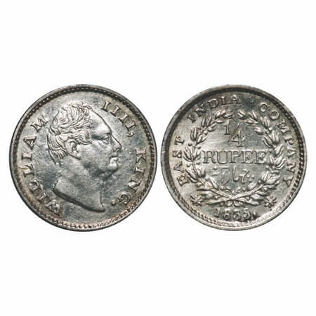 William IV, Silver, 1/4 Rupee, 1835, Calcutta Mint, A/III, 'F' raised, Wreath with 18 Berr