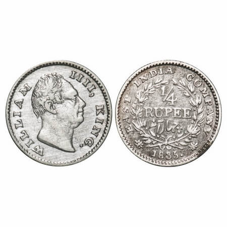 William IV, Silver, 1/4 Rupee, 1835, Calcutta Mint, A/III, 'F' raised, Wreath with 18 Berr