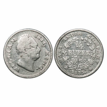William IV, Silver, 1/4 Rupee, 1835, Calcutta Mint, A/III, 'F' raised, Wreath with 18 Berr