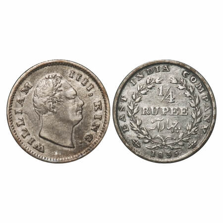 William IV, Silver, 1/4 Rupee, 1835, Bombay Mint, A/I, No initials, Rev aligned, Wreath wi