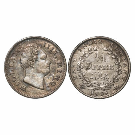 William IV, Silver, 1/4 Rupee, 1835, Bombay Mint, A/I, No initials, Rev aligned, Wreath wi