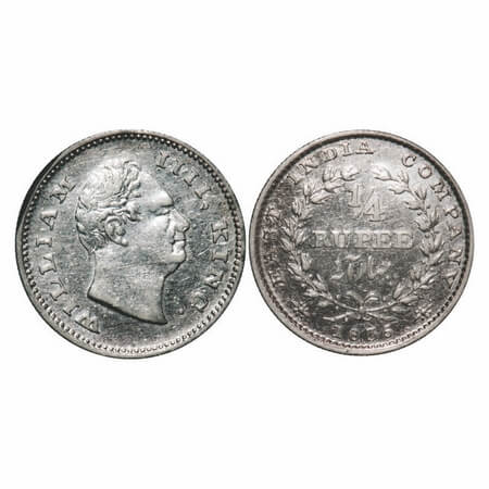 William IV, Silver, 1/4 Rupee, 1835, Bombay Mint, A/I, No initials, Wreath with 20 Berries