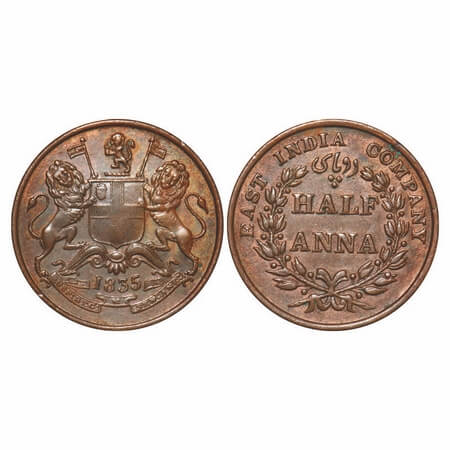 William IV, Copper, Half Anna, 1835, Madras Mint, Wreath with 20 Berries (10L + 10R), Flat
